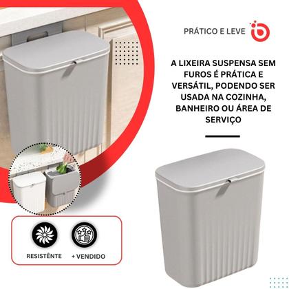Imagem de Lixeira Plástica Suspensa com Tampa  9 Litros, Sem Furos, Ideal para Cozinha com Suporte de Parede e Porta