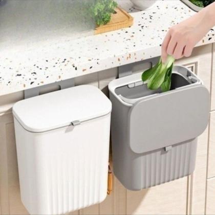 Imagem de Lixeira Plástica Suspensa com Tampa  9 Litros, Sem Furos, Ideal para Cozinha com Suporte de Parede e Porta