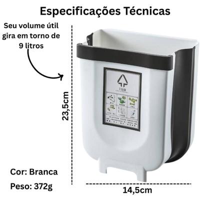 Imagem de Lixeira Plástico Dobrável Compacto Suspenso de Parede para Cozinha Banheiro Escritório 9 Litros Branca