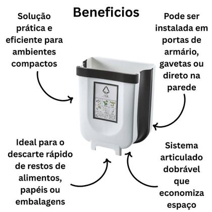 Imagem de Lixeira Plástico Dobrável Compacto Suspenso de Parede para Cozinha Banheiro Escritório 9 Litros Branca