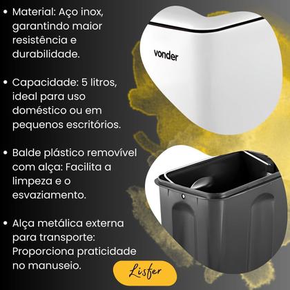 Imagem de Lixeira Retangular 5 Litros Inox Branca - Vonder