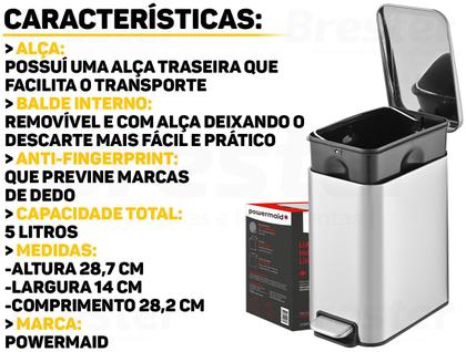 Imagem de Lixeira Retangular Com Pedal E Cesto Interno Slim Aço Inox 5 Litros Powermaid