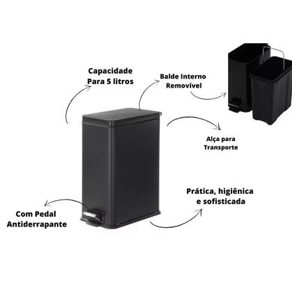 Imagem de Lixeira Retangular Com Pedal Slim Inox 5 Litros Preto Fosco