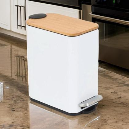 Imagem de Lixeira retangular de metal c/pedal tampa em bambu branca 5l - Lyor