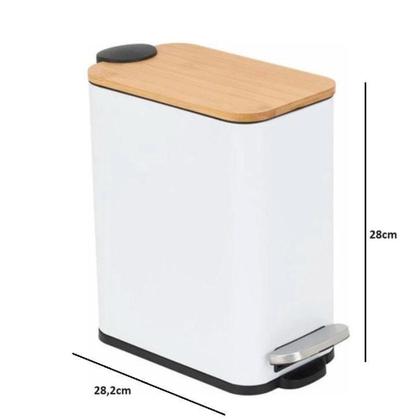 Imagem de Lixeira retangular de metal c/pedal tampa em bambu branca 5l - Lyor