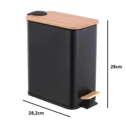 Imagem de Lixeira retangular de metal c/pedal tampa em bambu preta 5l - Lyor