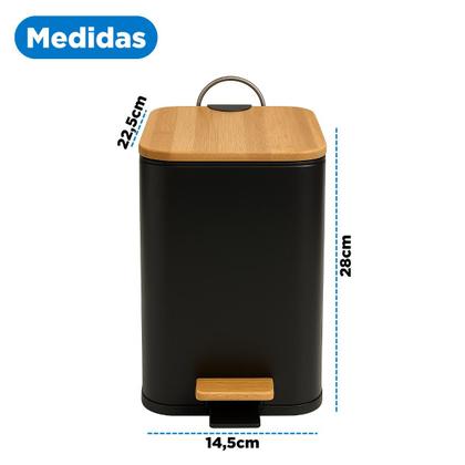 Imagem de Lixeira Retangular Preto Fosco Com Bambu De Pedal 5 Litros Soft Close Metal 
