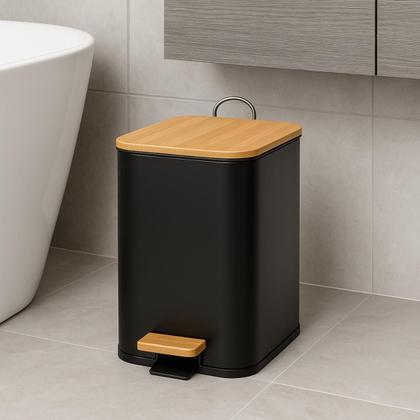 Imagem de Lixeira Retangular Preto Fosco Com Bambu De Pedal 5 Litros Soft Close Metal 