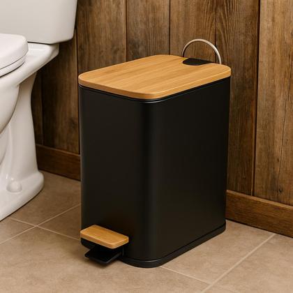 Imagem de Lixeira Retangular Preto Fosco Com Bambu De Pedal 5 Litros Soft Close Metal 