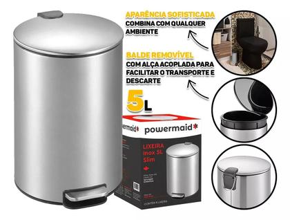 Imagem de Lixeira Slim 5 Litros Aço Inox Escovado Pedal Redonda Cozinha Lavabo Powermaid