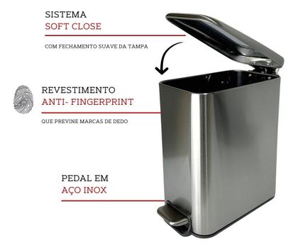 Imagem de Lixeira Soft Close 5 Litros Aço Inox Com Pedal Balde Cesto Removível Slim Para Banheiro Lavabo Cozinha