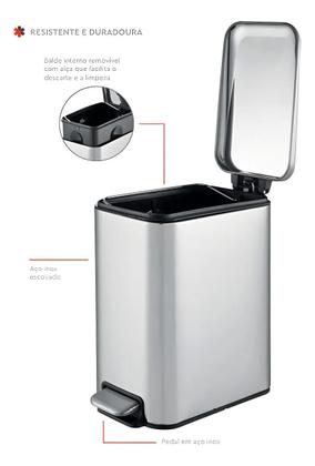 Imagem de Lixeira Soft Close 5 Litros Aço Inox Com Pedal Balde Cesto Removível Slim Para Banheiro Lavabo Cozinha