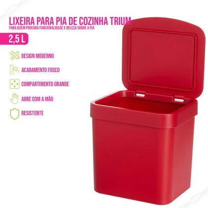 Imagem de Lixeira Trium para Pia de Cozinha com 2,5 Litros com Tampa, Compacta em Plastico