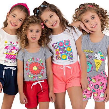 Imagem de Lote Kit 2 Conjuntos Infantil de Verão Menina 4 Peças de Roupa Infantil Menina Feminina Verão