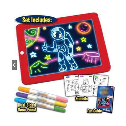 Imagem de Lousa magica infantil led neon 3d com 30 atividades e quadro iluminado kit completo com 3 canetas tablet para desenhos