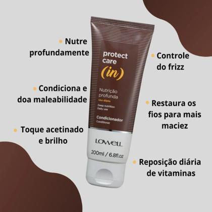 Imagem de Lowell Protect Care In Shampoo Condicionador Máscara Cabelos Fios Ressecados Limpeza Nutrição Maciez Sem Frizz e Brilho