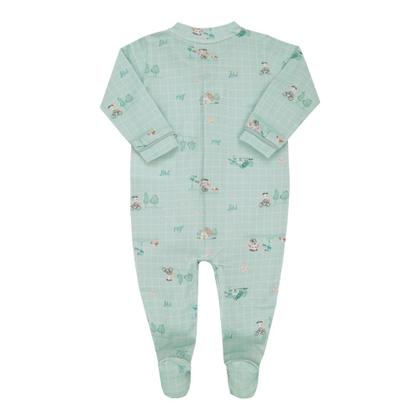 Imagem de Lt18150 - macacão de bebê longo com pé em malha estampada e bordado lúdico no pezinho tam p ao g