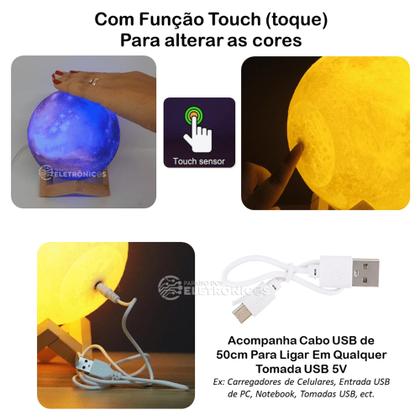 Imagem de Luminária 3D Sensor Touch Lua Cheia 16 Cores RGB 13cm USB Para Decoração LEY2144