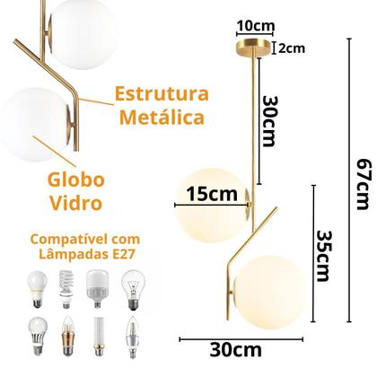 Imagem de Luminária 67cm Pendente Jabuticaba 2 Globos Vidro Dourado Lustre Teto Gimpo KJDD-E-070-GOLD