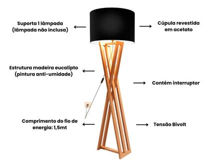 Imagem de Luminária Abajur De Chão Bivolt Com Cúpula Pés De Madeira Star