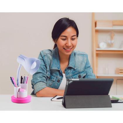 Imagem de Luminária Abajur de Mesa Luz Direcionada Decoração Estudo Escritório Home Office Articulável Porta Lápis Caneta Bivolt E27