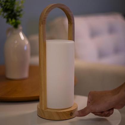 Imagem de Luminária Abajur Led Detalhe em Madeira Touch Recarregável Mesa Cabeceira Quarto Sala 5W 2700K