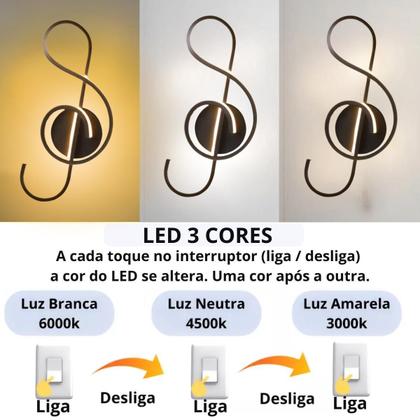 Imagem de Luminária Arandela 36Cm Clave Nota Musical Led 3 Cores 24