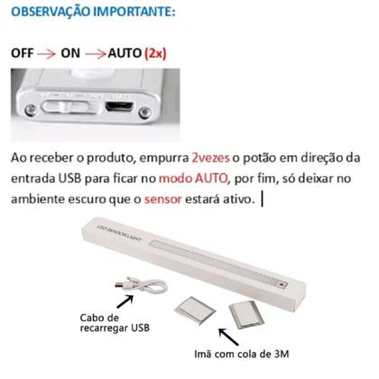 Imagem de Luminária Barra Led Com Sensor Presença Recarregável PRATA ou PRETO Armário,Cama ,Guarda-roupa 40cm
