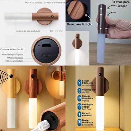 Imagem de Luminária Bastão LED Recarregável com Sensor Movimento Luz Noturna Decorativa Magnética USB para Quarto Corredor Escada Cozinha Parede Design Moderno