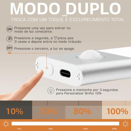 Imagem de Luminária C/ Sensor Recarregável Para Guarda Roupas Armário Cozinha 3 Tons