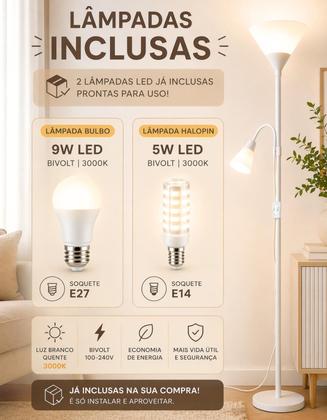 Imagem de Luminária Chão 177cm Piso Articulada Dupla + 2 Lâmpadas Pedestal Coluna Metal FL-1011-BRANCO-2LAMPS