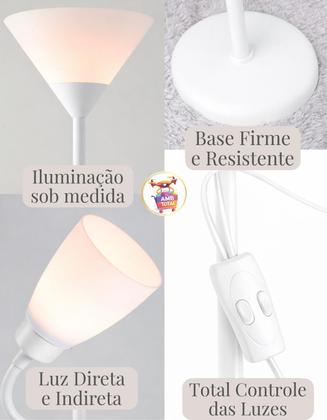 Imagem de Luminária Chão 177cm Piso Articulada Dupla + 2 Lâmpadas Pedestal Coluna Metal FL-1011-BRANCO-2LAMPS