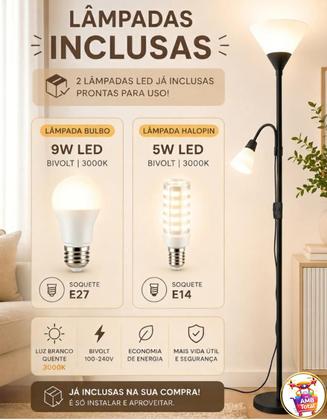 Imagem de Luminária Chão 177cm Piso Articulada Dupla + 2 Lâmpadas Pedestal Coluna Metal FL-1011-PRETO