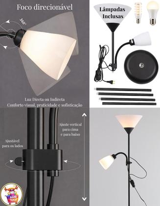 Imagem de Luminária Chão 177cm Piso Articulada Dupla + 2 Lâmpadas Pedestal Coluna Metal FL-1011-PRETO