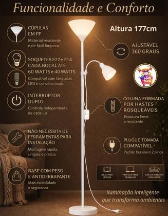 Imagem de Luminária Chão 177cm Piso Articulada Dupla p/ 2 Lâmpadas Pedestal Coluna FL-1011-BRANCO