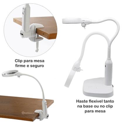 Imagem de Luminária Com Lupa Óptica 2 Lentes 2x e 5x Acrílica e 6 LEDs Com Base e Clip de Fixação  7763