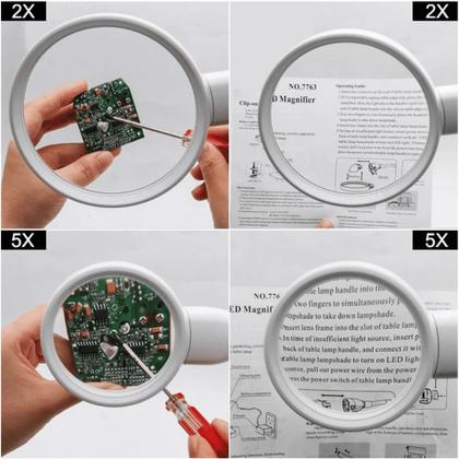 Imagem de Luminária Com Lupa Óptica 2 Lentes 2x e 5x Acrílica e 6 LEDs Com Base e Clip de Fixação  7763
