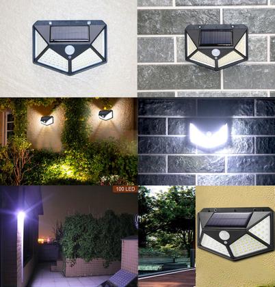 Imagem de Luminária Com Painel Solar Spot Lâmpada C/ 100 Leds Com Sensor De Presença Área Externa Quintal Parede A Prova Dágua