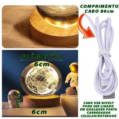 Imagem de Luminária Cristal De Mesa Planeta Terra Galáxia Sistema Solar LED Base Madeira Enfeite Decorativo Casa