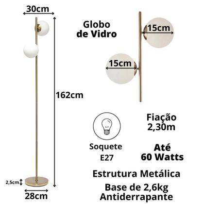 Imagem de Luminária de Chão 162cm Jabuticaba 2 Globos Vidro Dourada Pedestal Coluna Piso Gimpo KJTD-710-GOLD