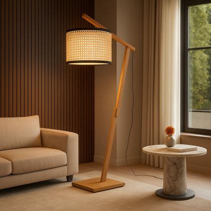 Imagem de Luminária de Chão Aurora em Madeira com Cúpula de Palha Natural Design Moderno Sala Quarto Decoração Iluminação