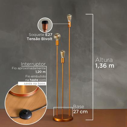 Imagem de Luminaria De Chao Tripé Decorativa Industrial Haste Tripla Para Leitura Descanso Sala, Quarto, Escritorio Bivolt