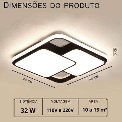 Imagem de Luminária de LED de sobrepor quadrada Bivolt 32W 3 em 1 com luz central dupla