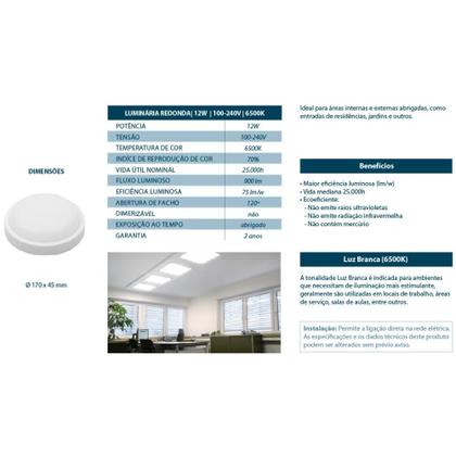 Imagem de Luminaria De Led Redonda 12W 6500K Bivolt Lorenzetti