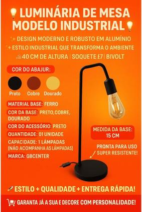 Imagem de Luminária De Mesa Abajur de Cabeceira L De Quarto Sala Retro Vintage Industrial Moderno Bivolt Preto