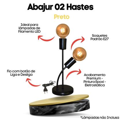 Imagem de Luminária de Mesa, Abajur para Sala Estilo Moderno com 02 Hastes - Bivolt 110v/220v - com fio e interruptor - Ideal para Sala, Quarto, escritório