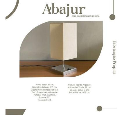 Imagem de luminária de Mesa Clássica Quadrado de alumínio Com Interruptor Com Cúpula algodão Ref 49 Para Sala, Quarto, Escritório e Cabeceira
