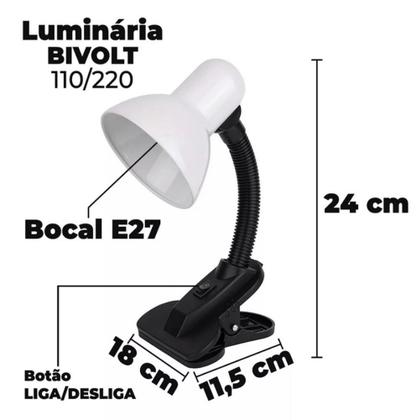 Imagem de Luminária De Mesa Com Garra Presilha Bivolt Leitura Estante Quarto Maquiagem Manicure