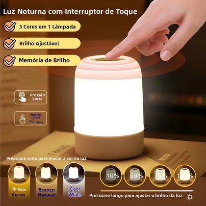 Imagem de Luminária De Mesa LED De 3 Cores Com Interruptor Táctil, Regulável, USB, Portátil Para Quarto De