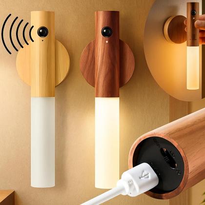 Imagem de Luminária de Parede LED Recarregável com Sensor de Movimento Luz Inteligente Magnética USB Decoração de Quarto, Escada, Cozinha e Corredor Amadeirada